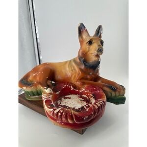 Vintage Chalkware German Shepherd Dog Ashtray Trinket Dish Mid‎ Century Decor